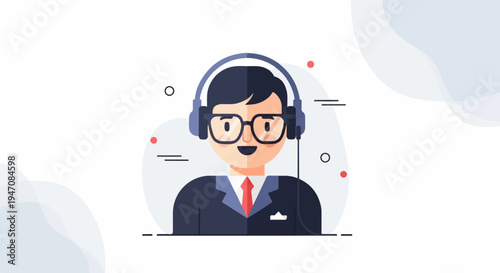 Cheerful person with headset and glasses, wearing a suit and tie