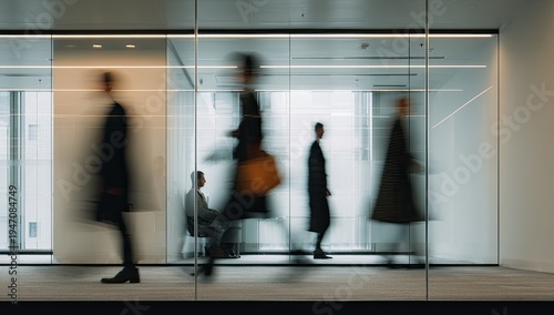 Blurred figures of business people walking in a modern office hallway.