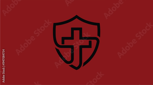Christian Shield Symbol with Cross Icon.