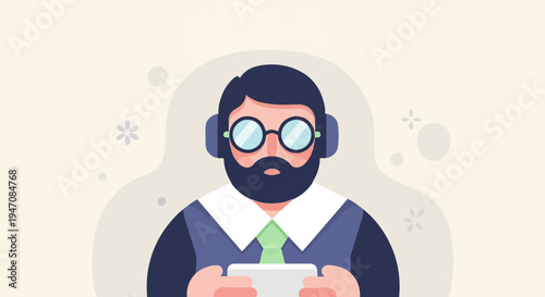 Bearded man in glasses and headphones plays on a tablet