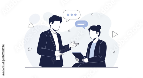 Business Meeting: Two Professionals Discussing Ideas with Speech Bubbles