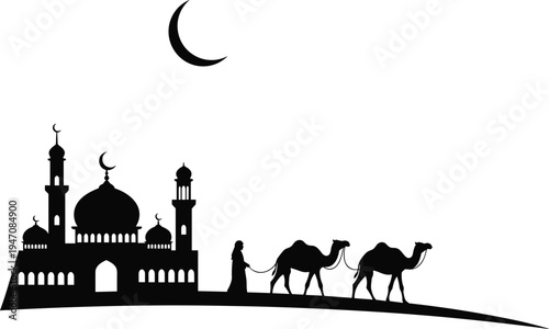 Mosque silhouette illustration, crescent moon artwork, camel desert design, Islamic culture graphic, religious journey symbol, pilgrimage artwork drawing, black white art
