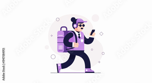 Person with headphones and backpack uses phone while walking