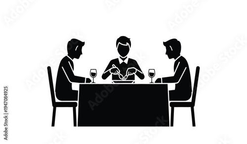 Black silhouette icon showing three people sitting at a dining table for a professional business meal