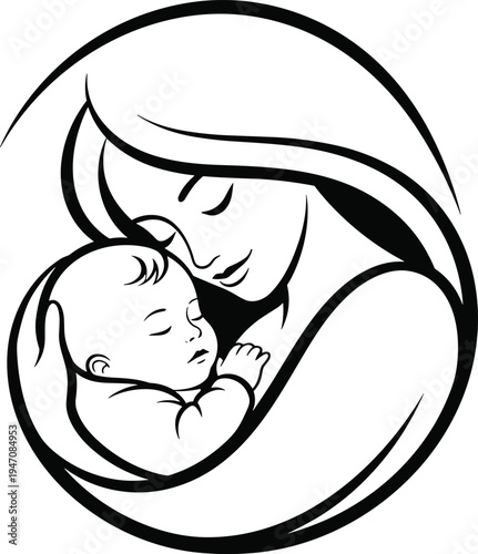 Mother Embracing Newborn Baby Line Art Vector, Maternal Love Illustration for Parenting, Childcare, Maternity Clinic, Pediatric Care, and Family Bonding,