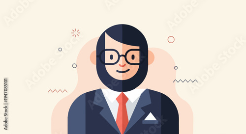 A stylized, smiling man in a suit, glasses, and beard on cream background