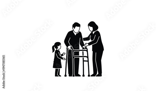 A young girl standing beside an elderly man using a walker with a woman helping him walk forward