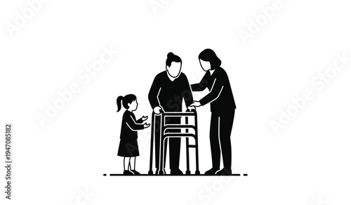 A young girl and a woman supporting an elderly person using a mobility walker for daily movement