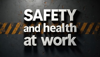 3D white letters spell SAFETY and health at work on a dark textured background with hazard stripes. Focus on worker well being and accident prevention in industries.