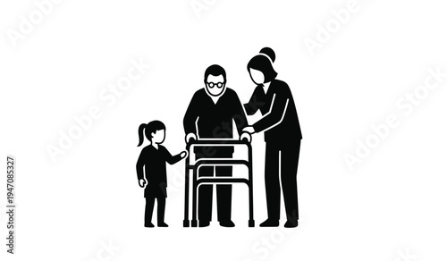 A young child and a caregiver assisting an elderly person who is using a mobility walker device