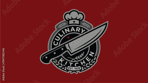 Culinary Kitchen Logo with Chef Knife and Laurel Wreath.