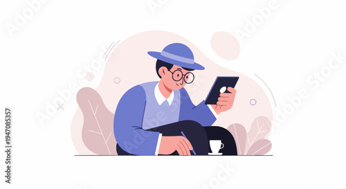 Person with hat and glasses on tablet with coffee