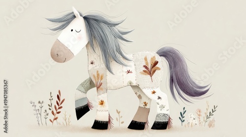 Plush horse walking through floral illustrations on pale background
