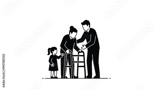 A young girl watching as an adult man assists an elderly woman who is using a mobility walker aid