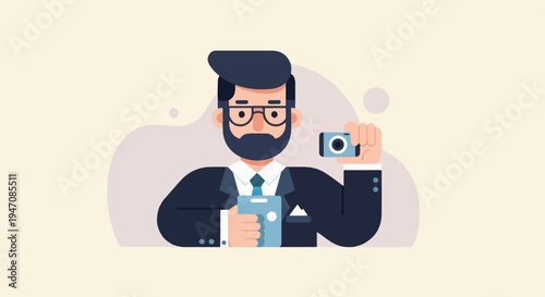 A man in a suit takes a selfie with a camera and phone