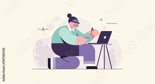 Person working at laptop surrounded by abstract shapes and plants