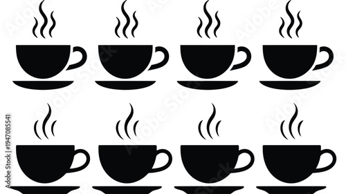 Eight steaming coffee cups arranged in two parallel rows of four