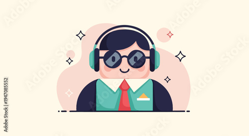 Stylized cartoon person wearing headphones, sunglasses, and business attire