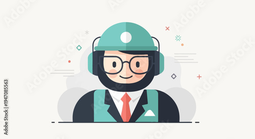 A friendly cartoon man in a suit with a helmet and headphones