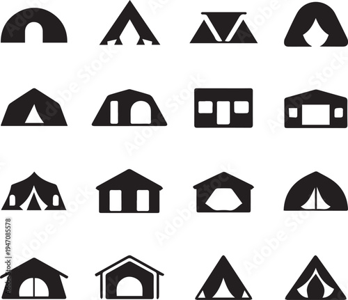 Various black and white tent and shelter silhouettes arranged in a grid pattern