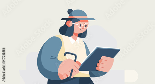 Elderly woman with glasses, hat, and cane using a tablet