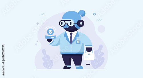Stylized cartoon character in lab coat holding digital device and document