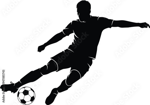 Soccer player sliding to kick football ball silhouette isolated on white background, dynamic sport action athlete vector illustration for football competition design