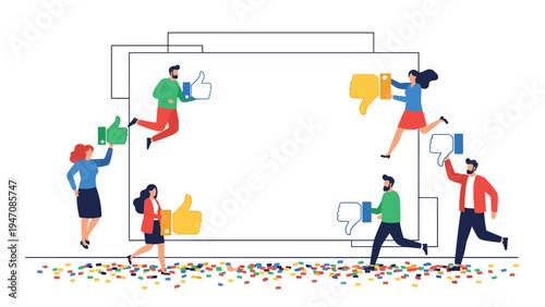 Group of diverse people interacting with a large blank whiteboard using thumbs up and thumbs down icons for feedback and evaluation.