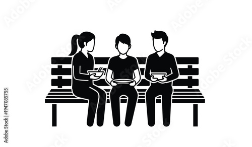 Three people sitting together on a park bench while looking at their individual mobile devices