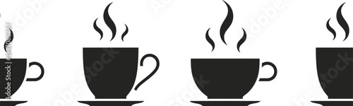 Four stylish coffee cups with steam rising from them in a row