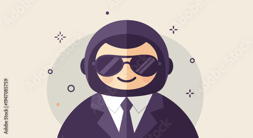 Stylized cartoon man in sunglasses and suit with geometric accents