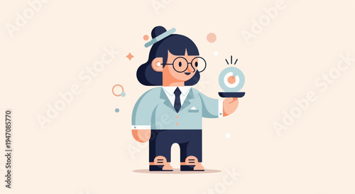 Stylized character holding a presentation graphic on a tray