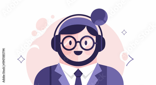 Stylized, smiling man in headphones and suit, graphic, flat design