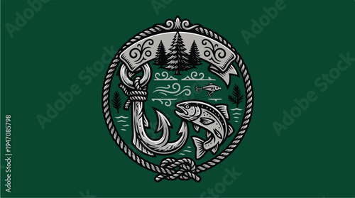 Fishing Emblem with Trout and Hook in Circular Design.
