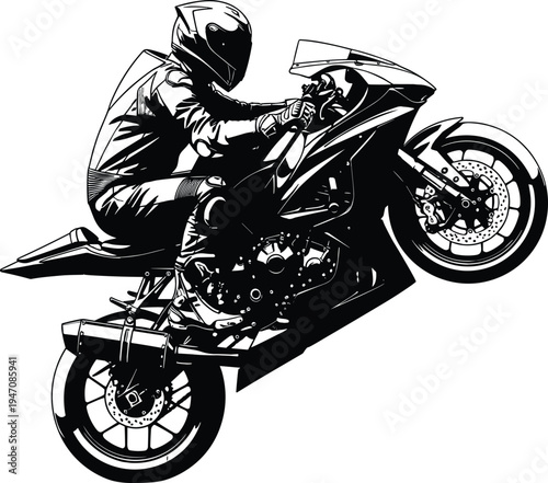 Sport motorcycle rider performing wheelie stunt isolated on white background, extreme motorbike racing action vector illustration for motorsport design
