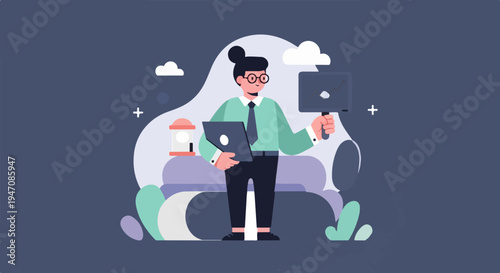 Stylized person with glasses holds a laptop and a monitor