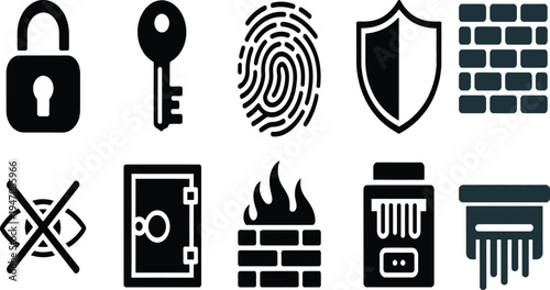 Icons representing various security and protection concepts in digital and physical realms