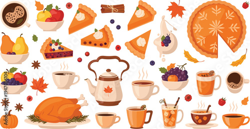 PrintAutumn Thanksgiving Food and Drink Collection Featuring Pumpkin Pie, Roast Turkey, Hot Coffee, Tea Cups, Fruits, Leaves, and Cozy Fall Season Elements