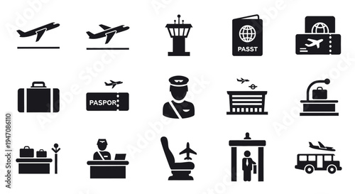 Airport and air travel essential flat design icon set