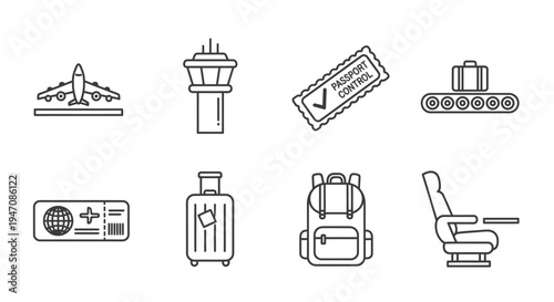 Airport and travel outline icons set on white background
