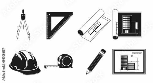 Architecture and construction tools with building blueprints icons