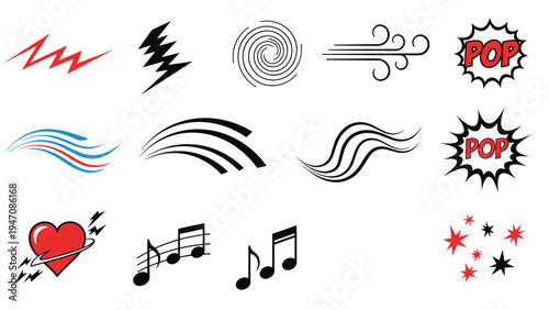 Assorted collection of comic book design elements including lightning bolts swirls music notes and pop explosion speech bubble bursts.