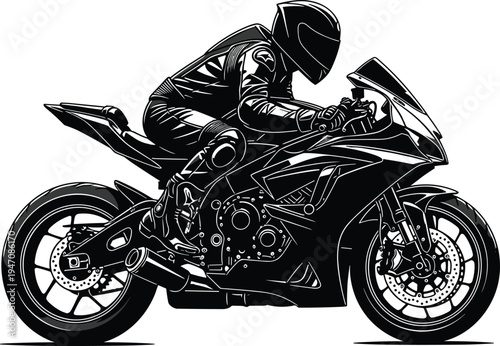 Sport motorcycle rider racing superbike silhouette isolated on white background, high speed motorbike racing action vector illustration for motorsport design