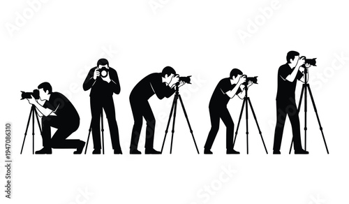 A sequence of five silhouettes of professional photographers taking pictures using their cameras