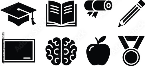Icons representing key elements of education, learning, and academic achievement