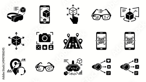 Augmented and virtual reality technology glyph icons set