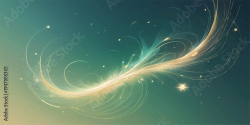 An abstract blue fractal background features a winter wave design with glowing stars and flowing lines to create a decorative vector illustration backdrop