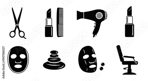 Beauty salon and spa tools black glyph icons collection