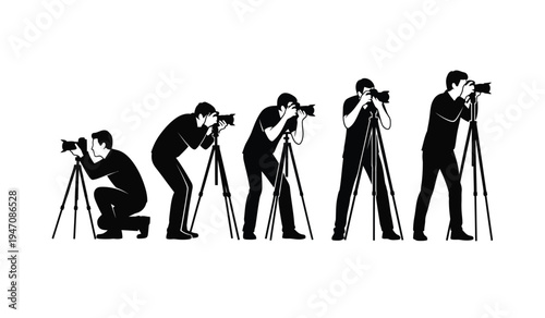 A sequence of five professional photographers capturing images using cameras mounted on tripods