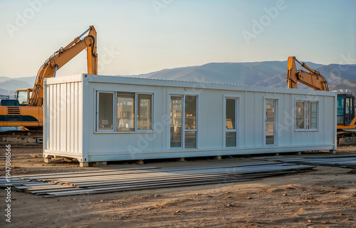 Portable office container stands at active construction site with excavators and mountains representing flexible industrial infrastructure solutions